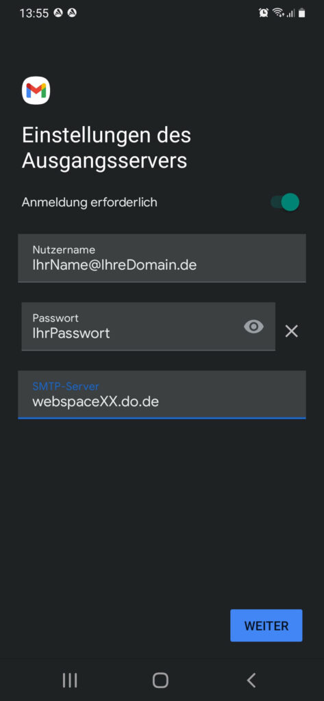 GMail Android - Ausgangsserver