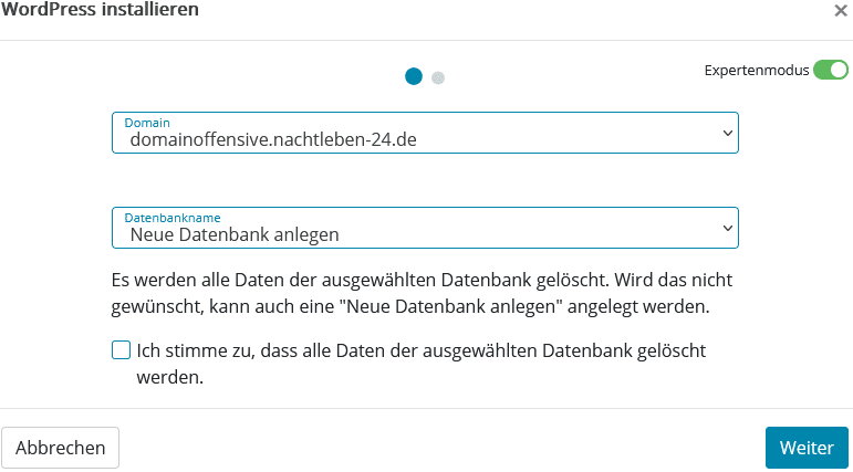 WordPress Installation - Expertenmodus