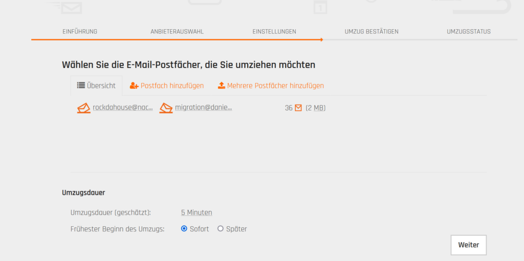 geschätzte Dauer für E-Mail-Postfach-Migration