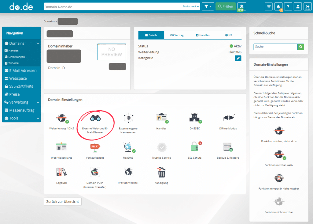 Auswahl externer Web- und E-Mail-Dienste in den Domain-Einstellungen