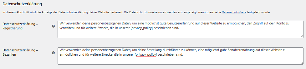 Verweis auf die Datenschutzerklärung bei der Registrierung und beim Bezahlen in WooCommerce