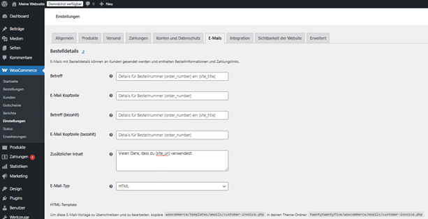 Wähle hier Inhalte und Formate für automatisierte E-Mail-Benachrichtigungen via WooCommerce