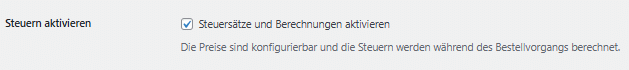Option zur Aktivierung von Steuersätzen in WooCommerce