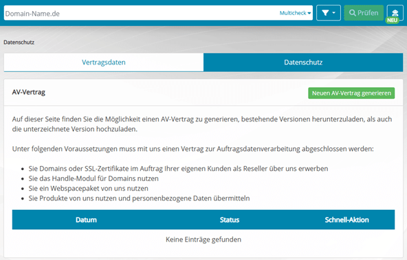 do.de Interface - Anlegen eines neuen AV-Vertrags