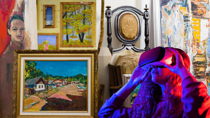 Frau mit VR-Brille in Kunstgalerie